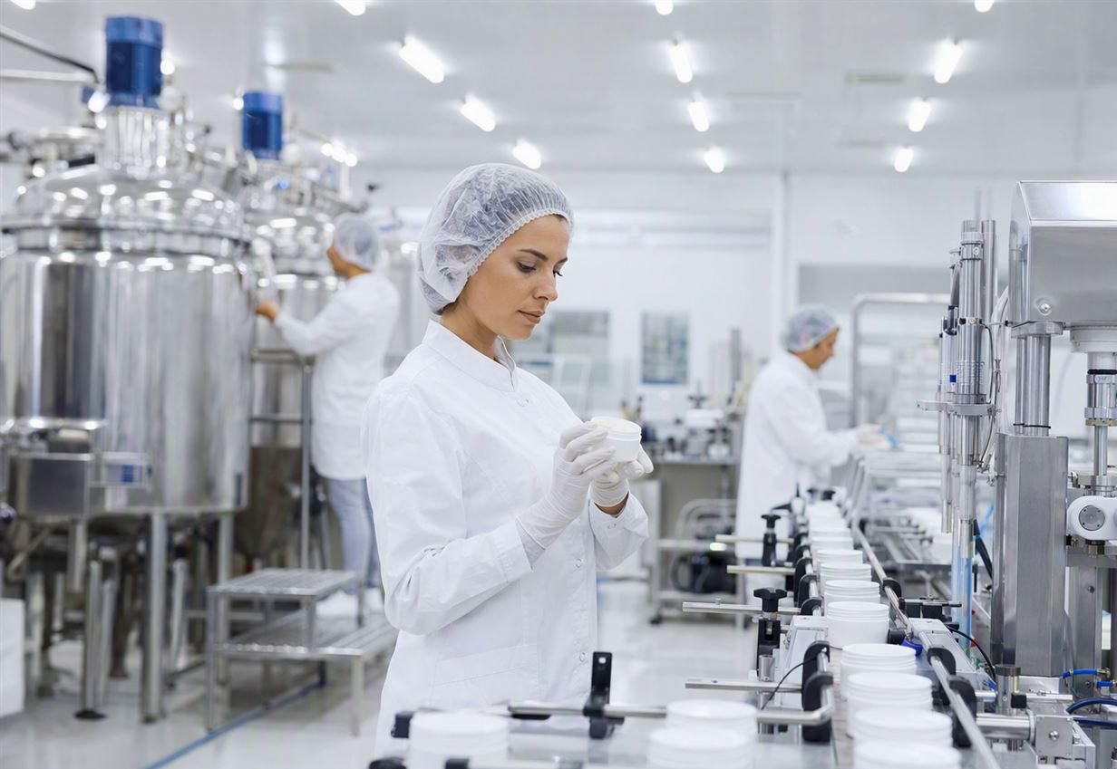 Línea de producción de la fábrica de cosméticos de Eva International con máquinas de llenado e inspección de calidad