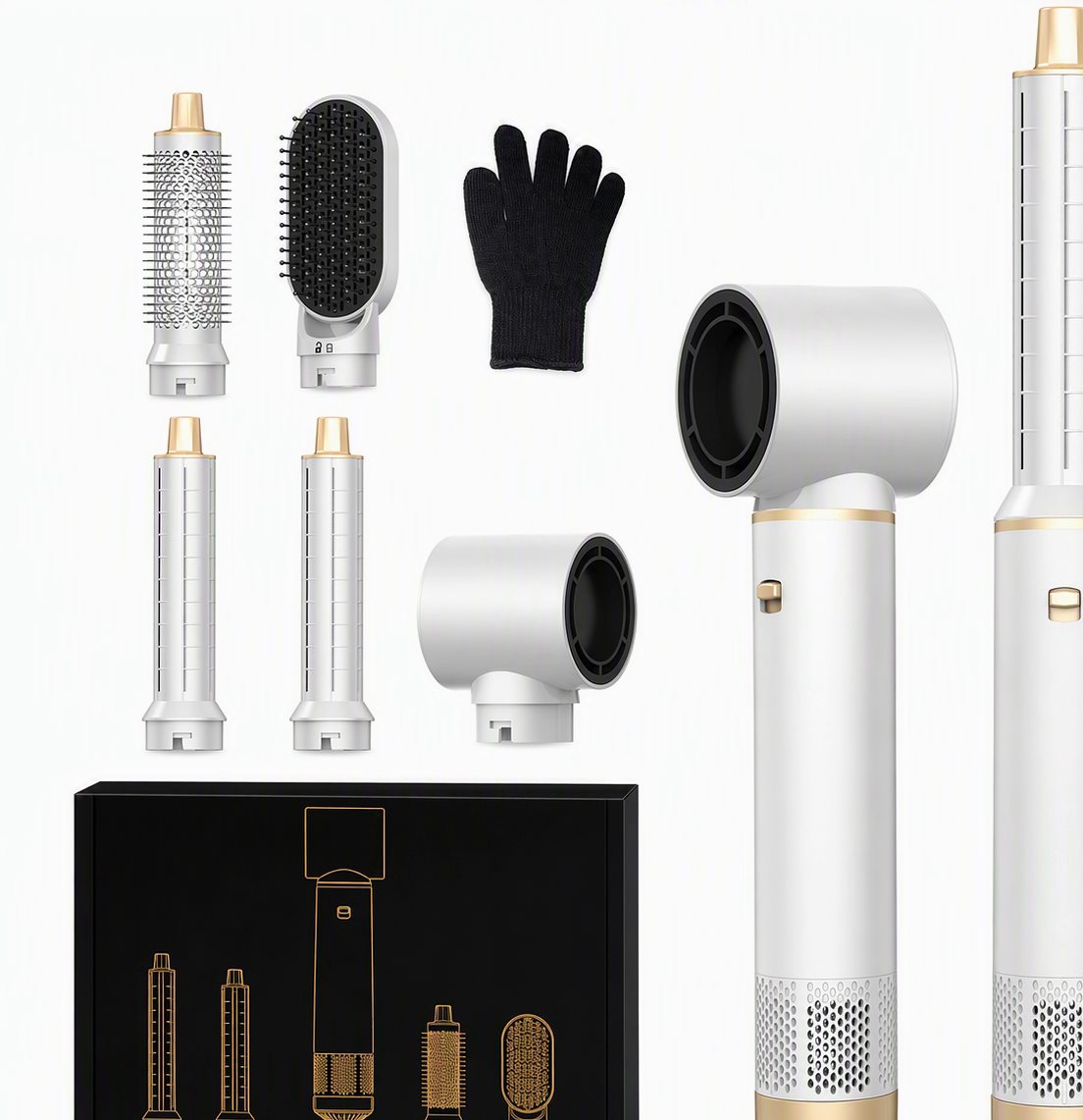 Set de estilizador de aire caliente 5 en 1 con accesorios, guante y caja sobre fondo blanco