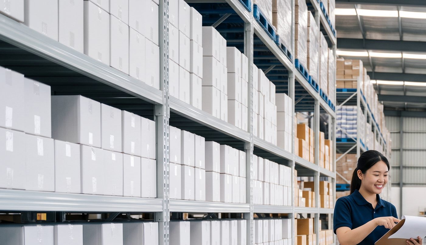 Personal del almacén de exportación revisando la lista de embarque con un comprador extranjero entre cajas selladas