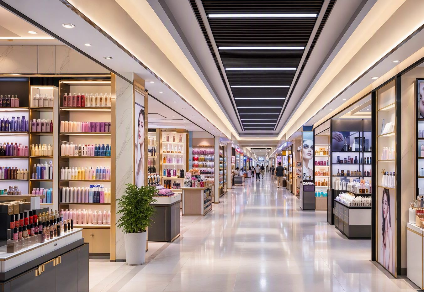 Interior del mercado mayorista de belleza de Eva International: tiendas iluminadas de cabello, skincare, maquillaje, uñas y pestañas