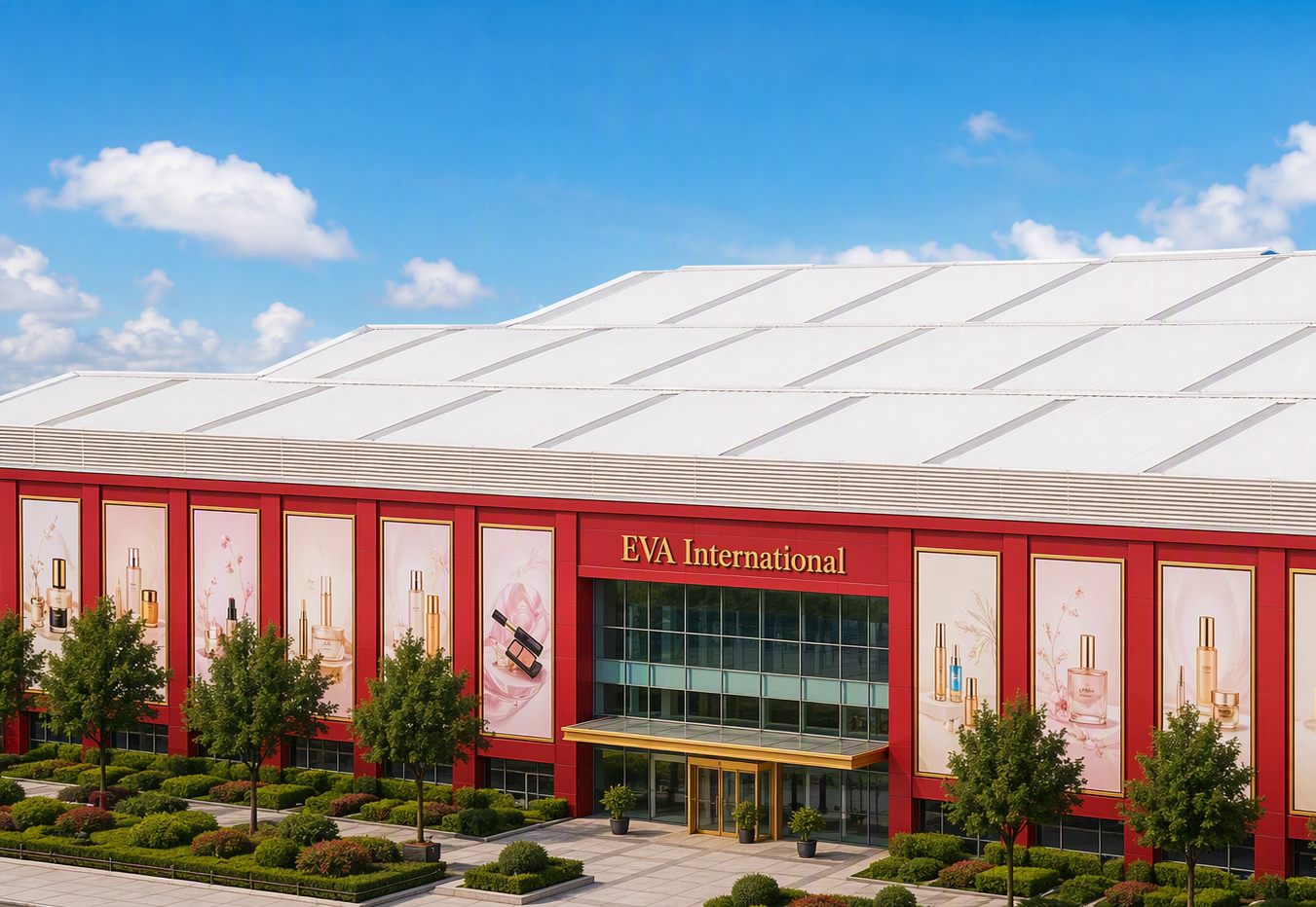 Exterior de la plaza mayorista de Eva International con fachada roja y letrero dorado EVA International