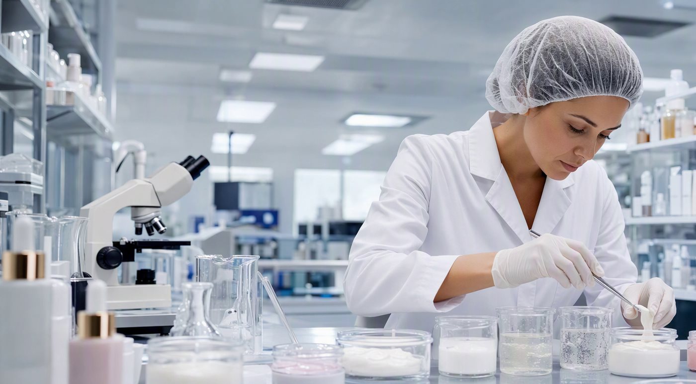 Laboratorio de control de calidad: técnico analizando muestras de crema con instrumentos de laboratorio